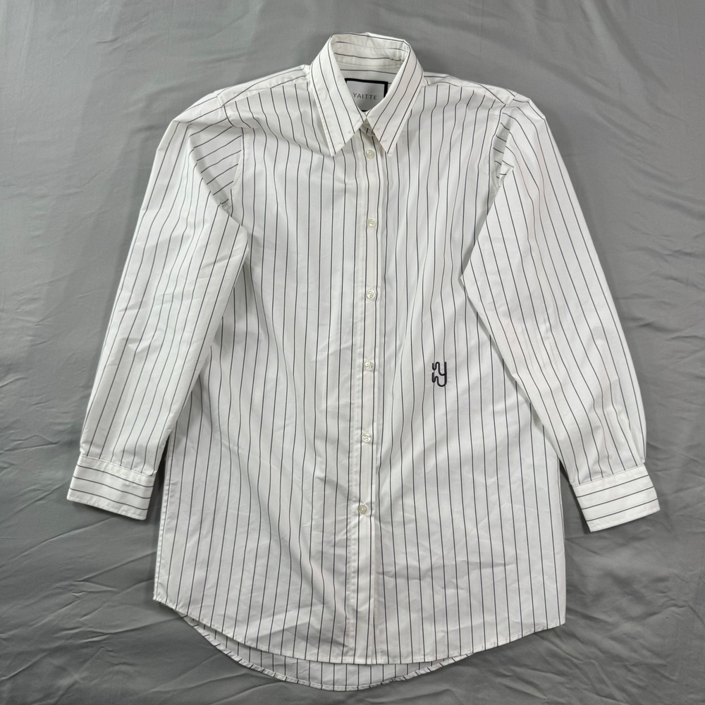 Yaitte White Navy Blue Pinstripe Long Sleeve Button Down Shirt Womens S Luxury